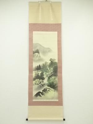 峰山筆　彩色山水　肉筆絹本掛軸